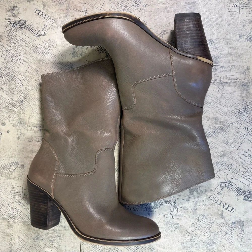 Lucky Brand Embrleigh Taupe Gray Leather Mid Calf Slouch Boots Western